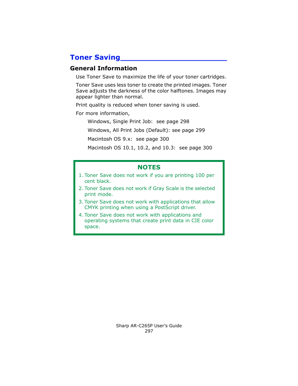 Toner saving, General information | Sharp AR-C265P User Manual | Page 297 / 310