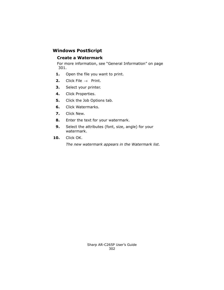 Windows postscript, Create a watermark | Sharp AR-C265P User Manual | Page 302 / 310