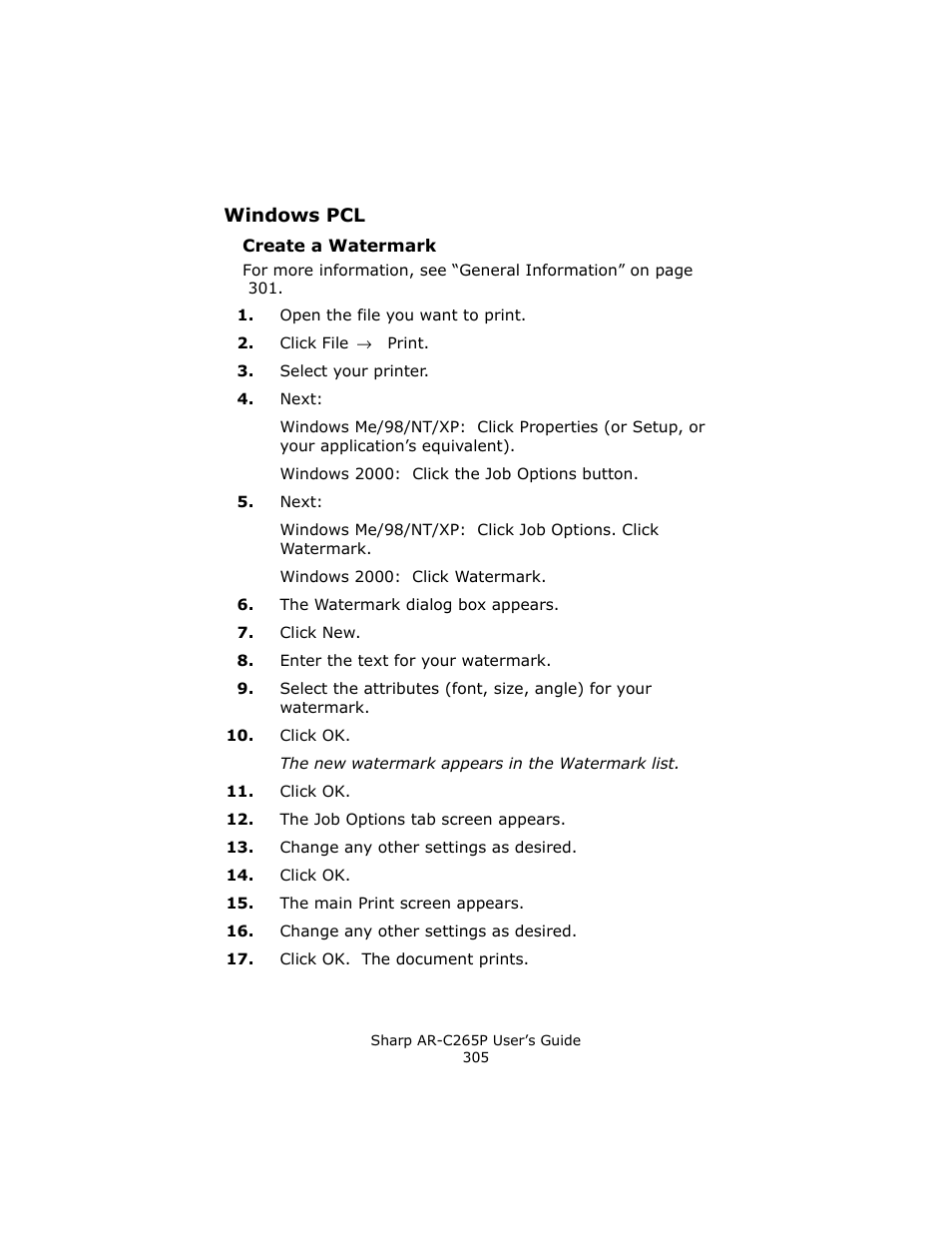 Windows pcl, Create a watermark | Sharp AR-C265P User Manual | Page 305 / 310