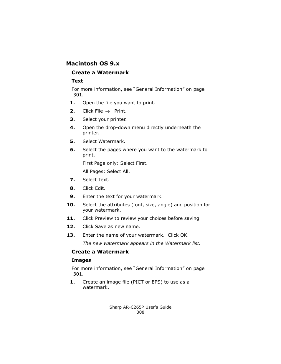 Macintosh os 9.x, Create a watermark, Text | Images | Sharp AR-C265P User Manual | Page 308 / 310