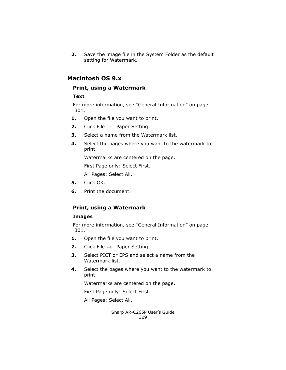 Print, using a watermark, Text, Images | Sharp AR-C265P User Manual | Page 309 / 310