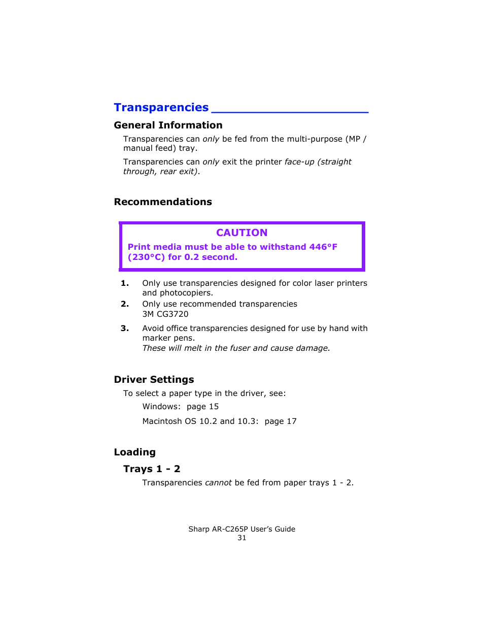 Transparencies, General information, Recommendations | Driver settings, Loading | Sharp AR-C265P User Manual | Page 31 / 310