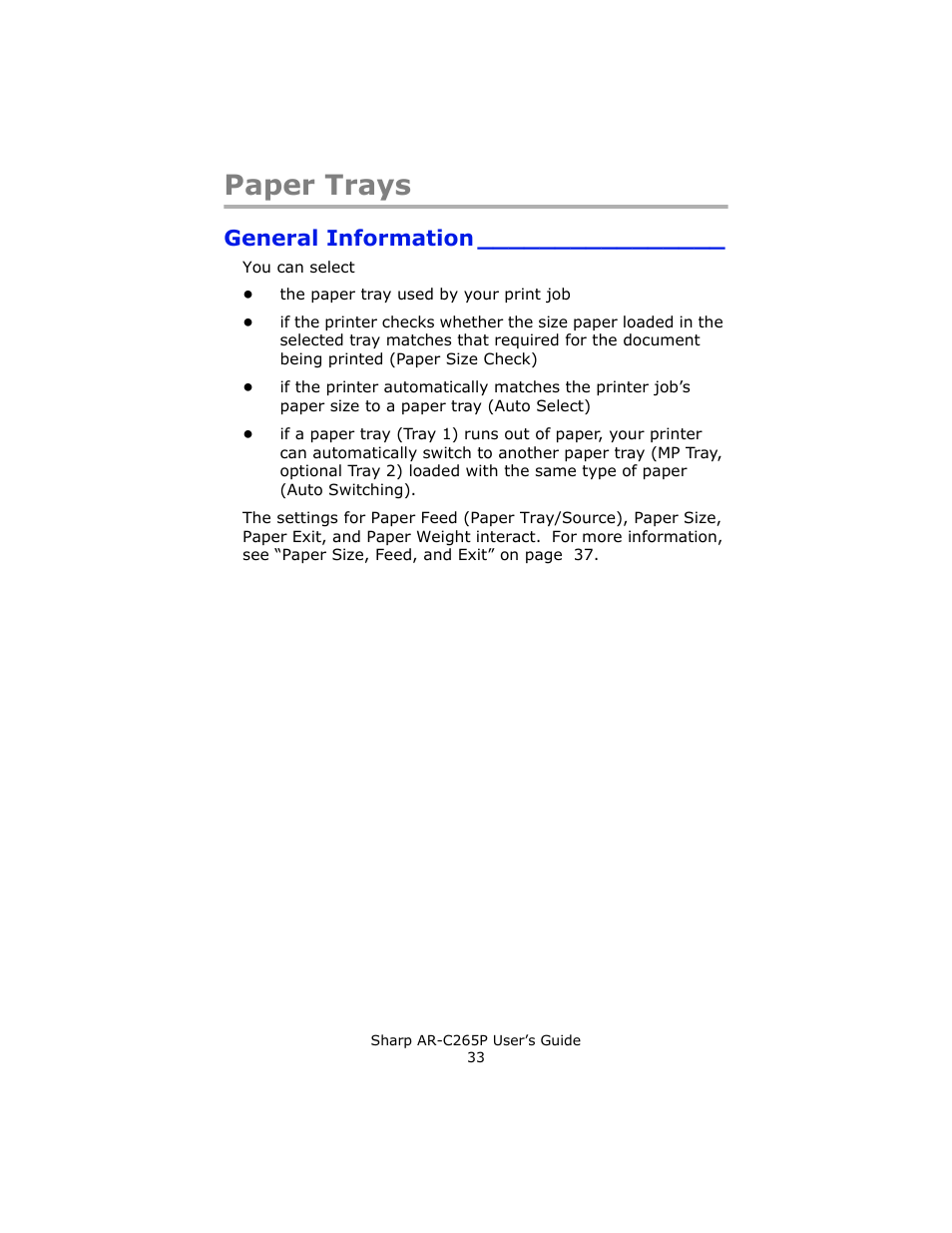 Paper trays, General information | Sharp AR-C265P User Manual | Page 33 / 310
