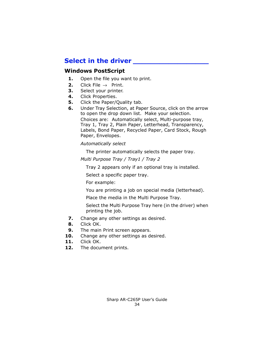 Select in the driver, Windows postscript | Sharp AR-C265P User Manual | Page 34 / 310