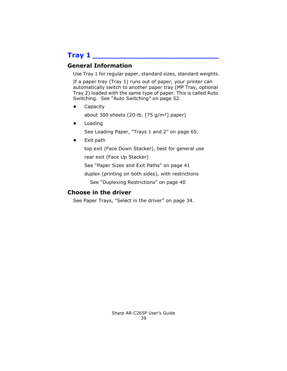 Tray 1, General information, Choose in the driver | Sharp AR-C265P User Manual | Page 39 / 310