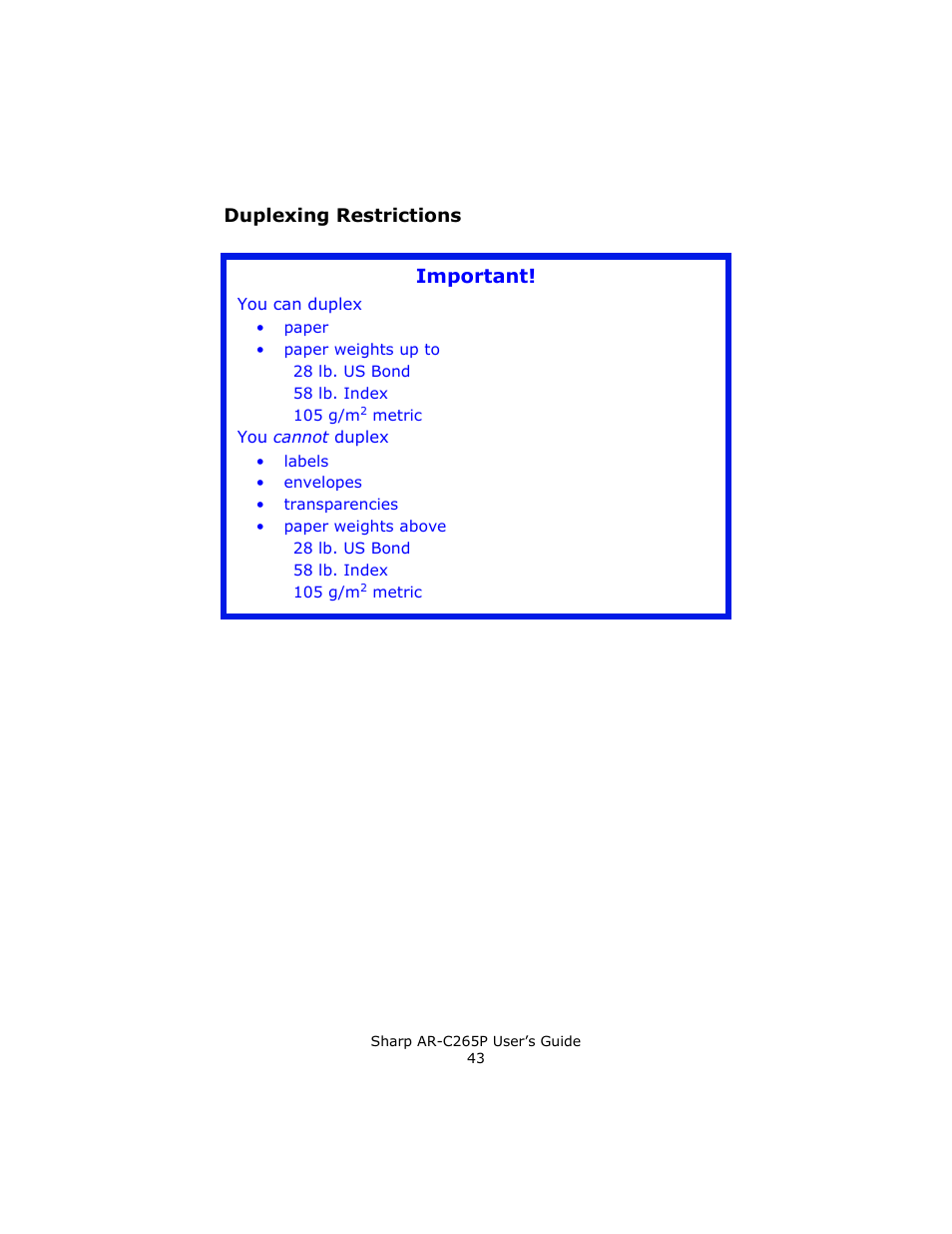 Duplexing restrictions, Important | Sharp AR-C265P User Manual | Page 43 / 310