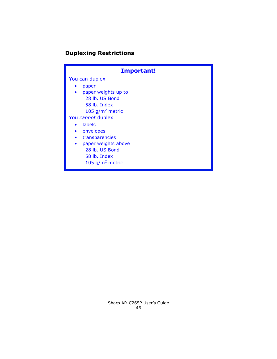 Duplexing restrictions, Important | Sharp AR-C265P User Manual | Page 46 / 310