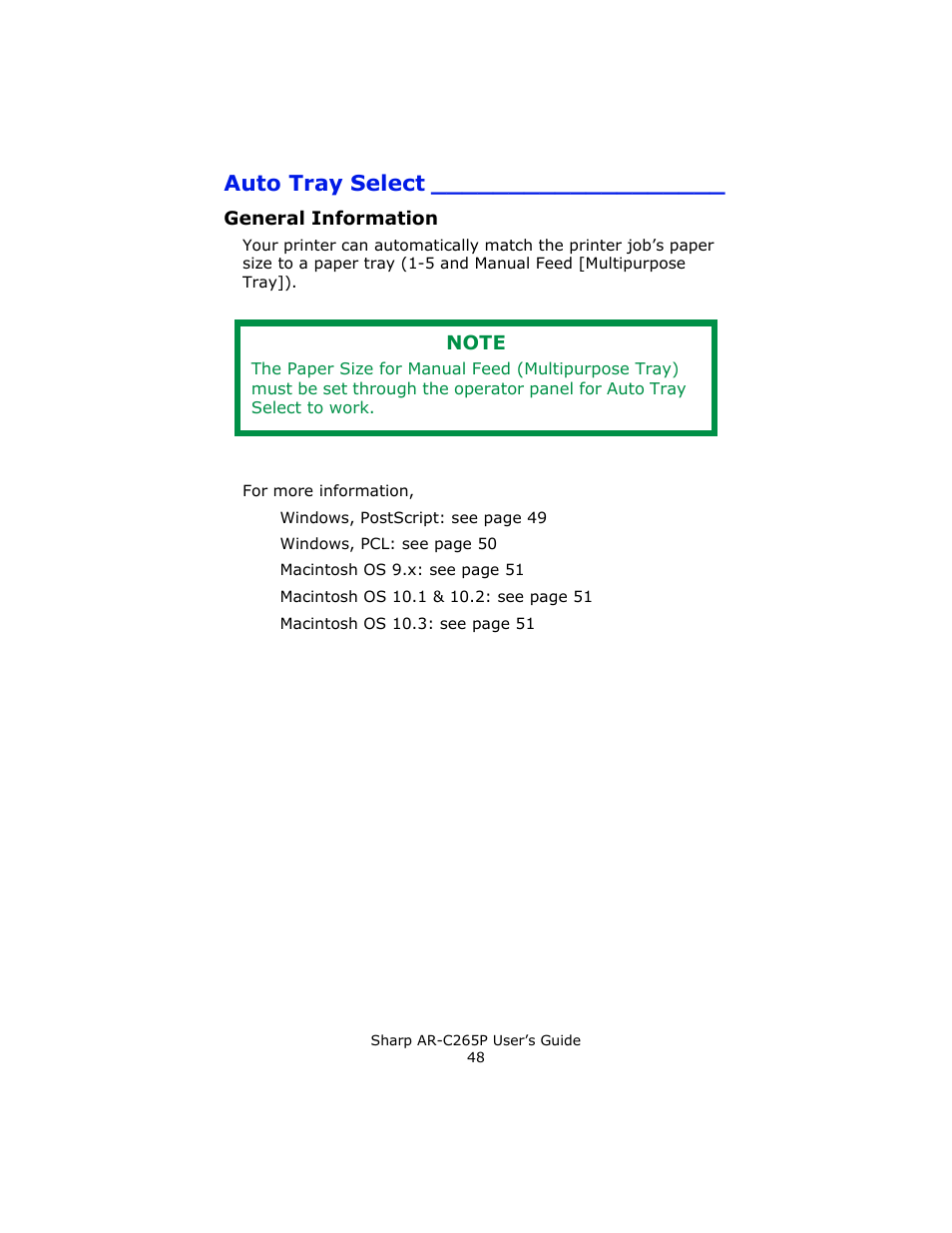 Auto tray select, General information | Sharp AR-C265P User Manual | Page 48 / 310