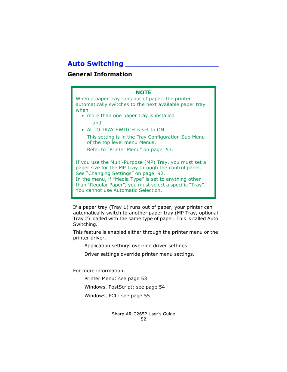 Auto switching, General information | Sharp AR-C265P User Manual | Page 52 / 310