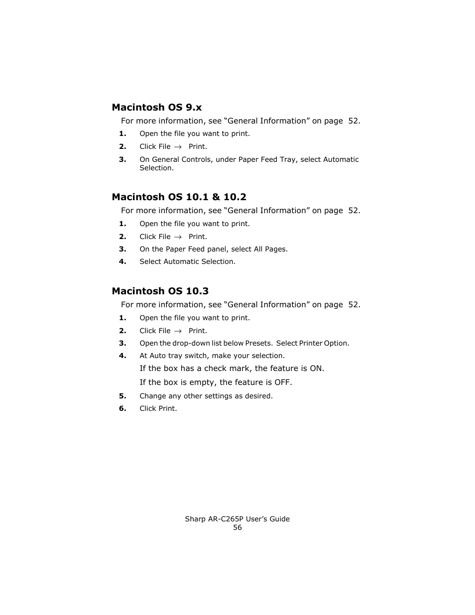 Macintosh os 9.x, Macintosh os 10.1 & 10.2, Macintosh os 10.3 | Sharp AR-C265P User Manual | Page 56 / 310