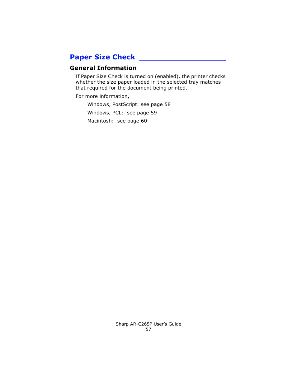 Paper size check, General information | Sharp AR-C265P User Manual | Page 57 / 310