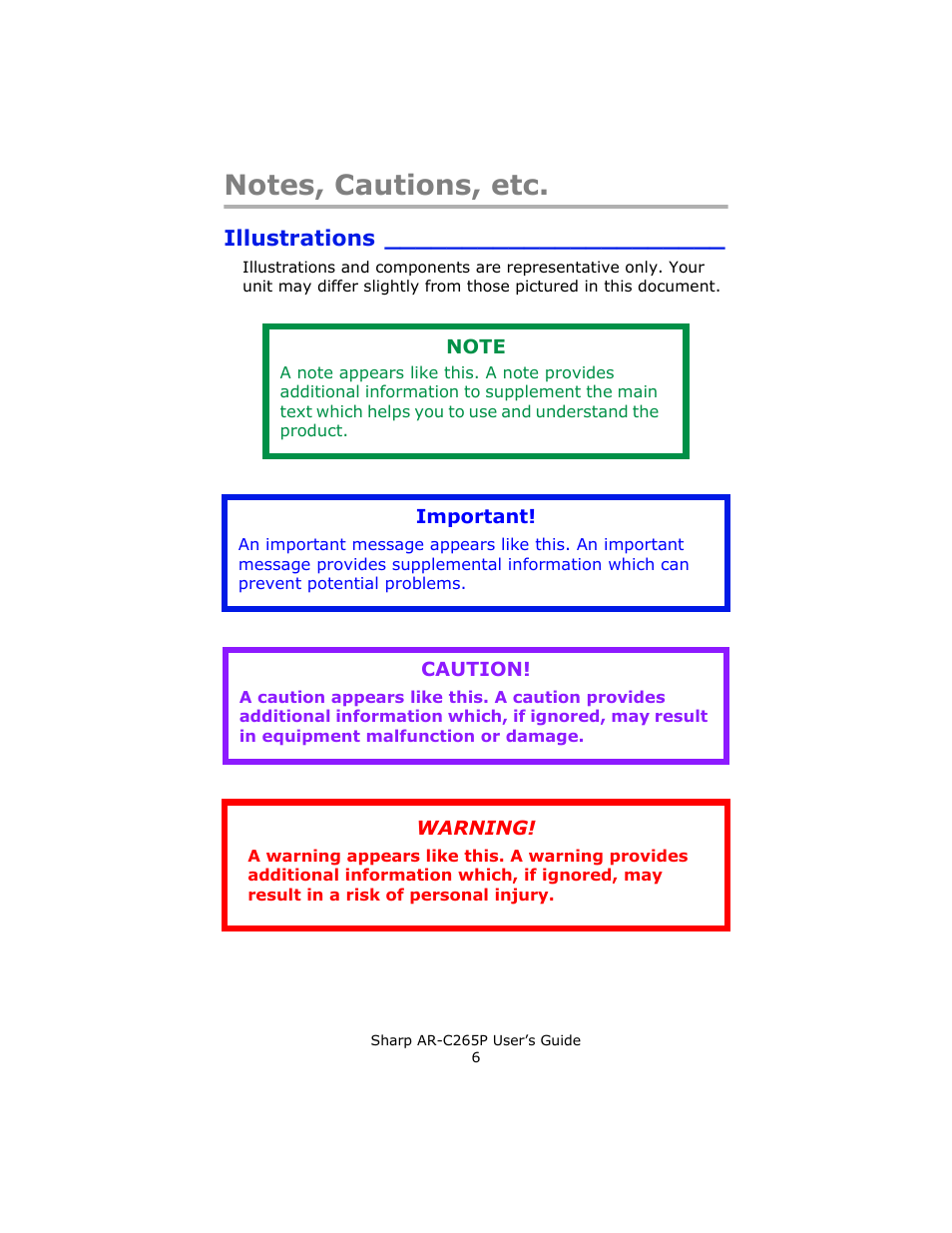 Notes, cautions, etc, Illustrations | Sharp AR-C265P User Manual | Page 6 / 310