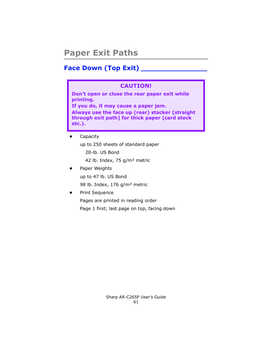 Paper exit paths, Face down (top exit) | Sharp AR-C265P User Manual | Page 61 / 310