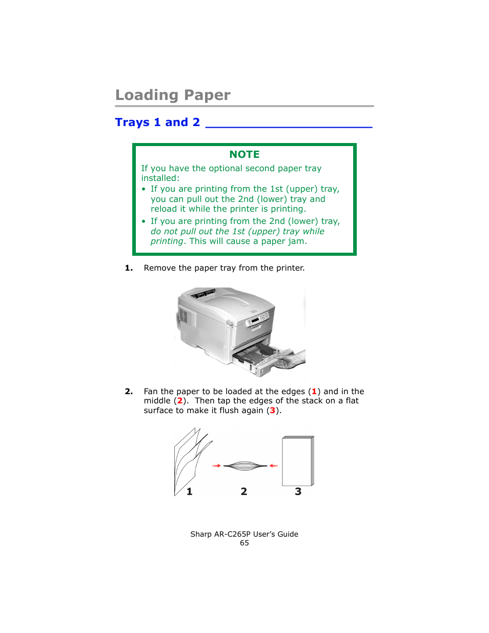 Loading paper, Trays 1 and 2 | Sharp AR-C265P User Manual | Page 65 / 310