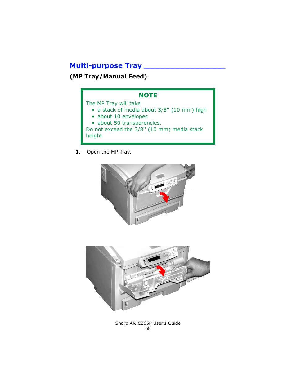 Multi-purpose tray, Mp tray/manual feed) | Sharp AR-C265P User Manual | Page 68 / 310