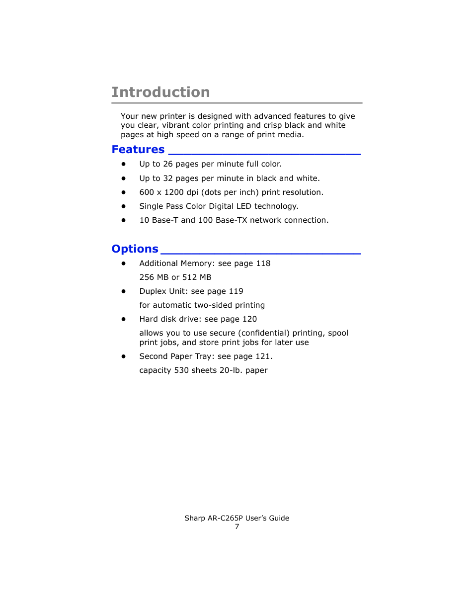 Introduction, Features, Options | Sharp AR-C265P User Manual | Page 7 / 310