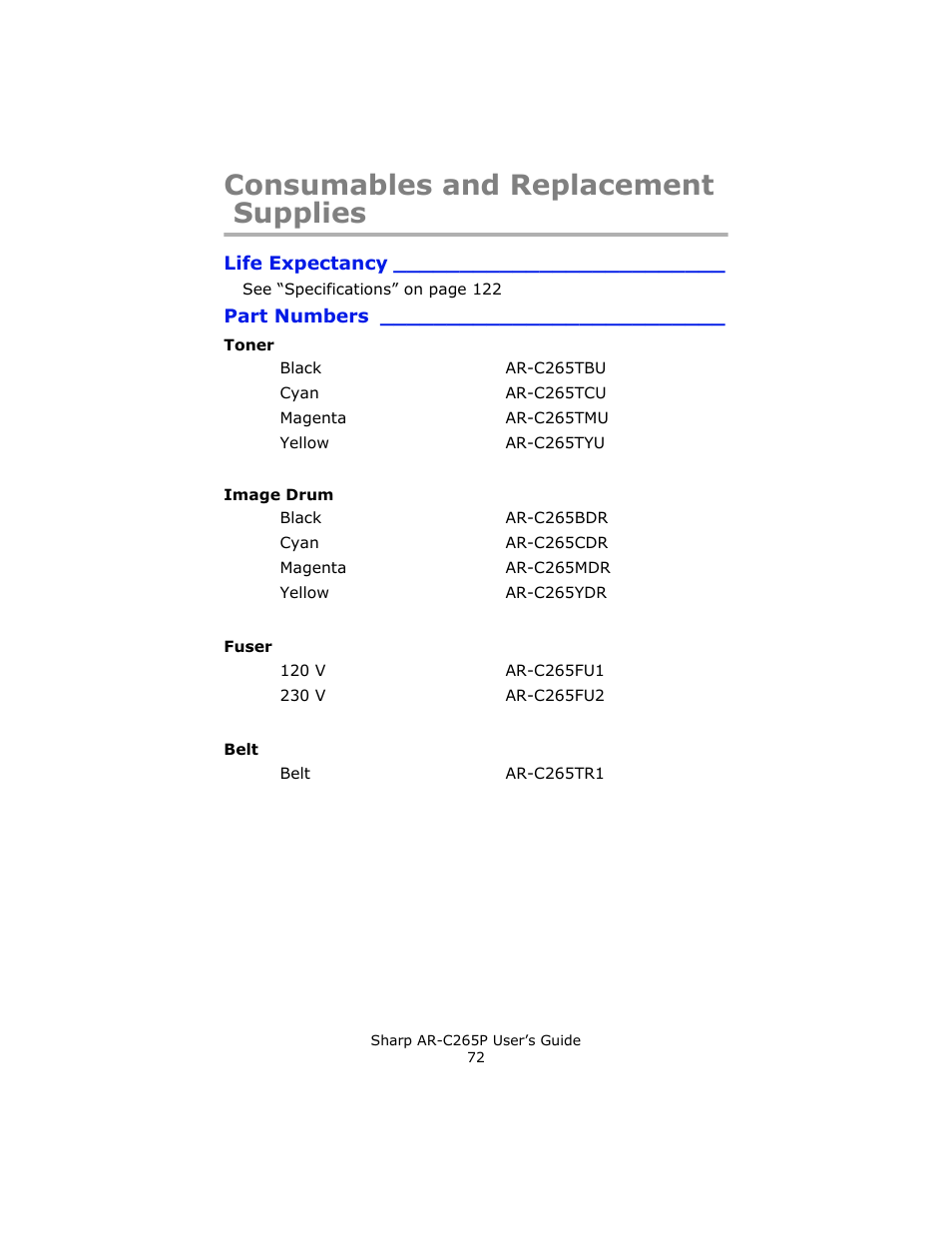 Consumables and replacement supplies, Life expectancy, Part numbers | Toner, Image drum, Fuser, Belt | Sharp AR-C265P User Manual | Page 72 / 310