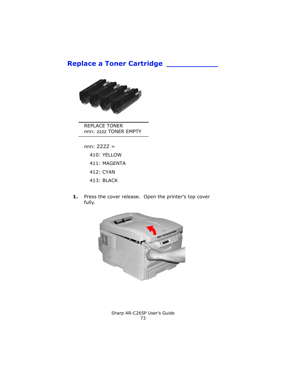 Replace a toner cartridge | Sharp AR-C265P User Manual | Page 73 / 310