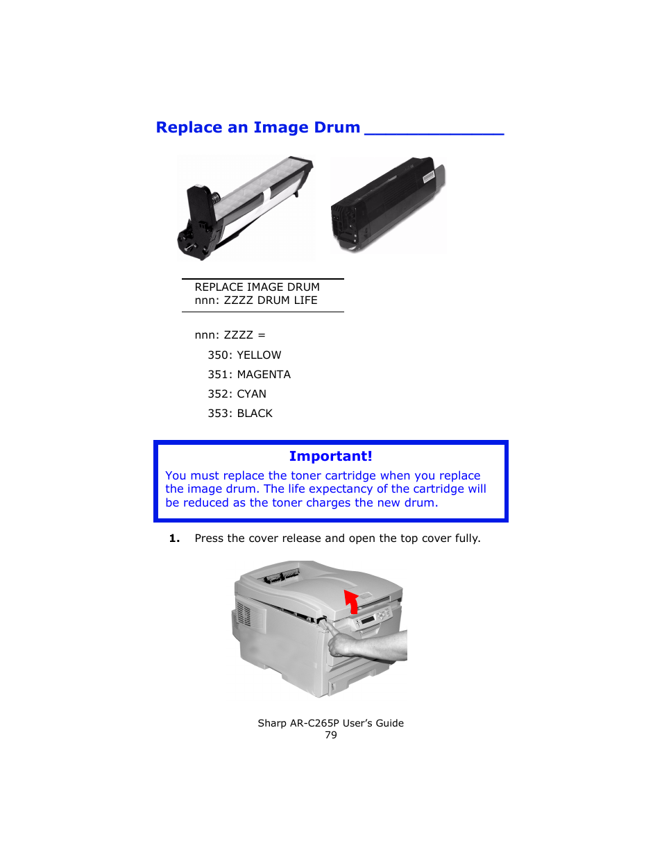 Replace an image drum, Important | Sharp AR-C265P User Manual | Page 79 / 310