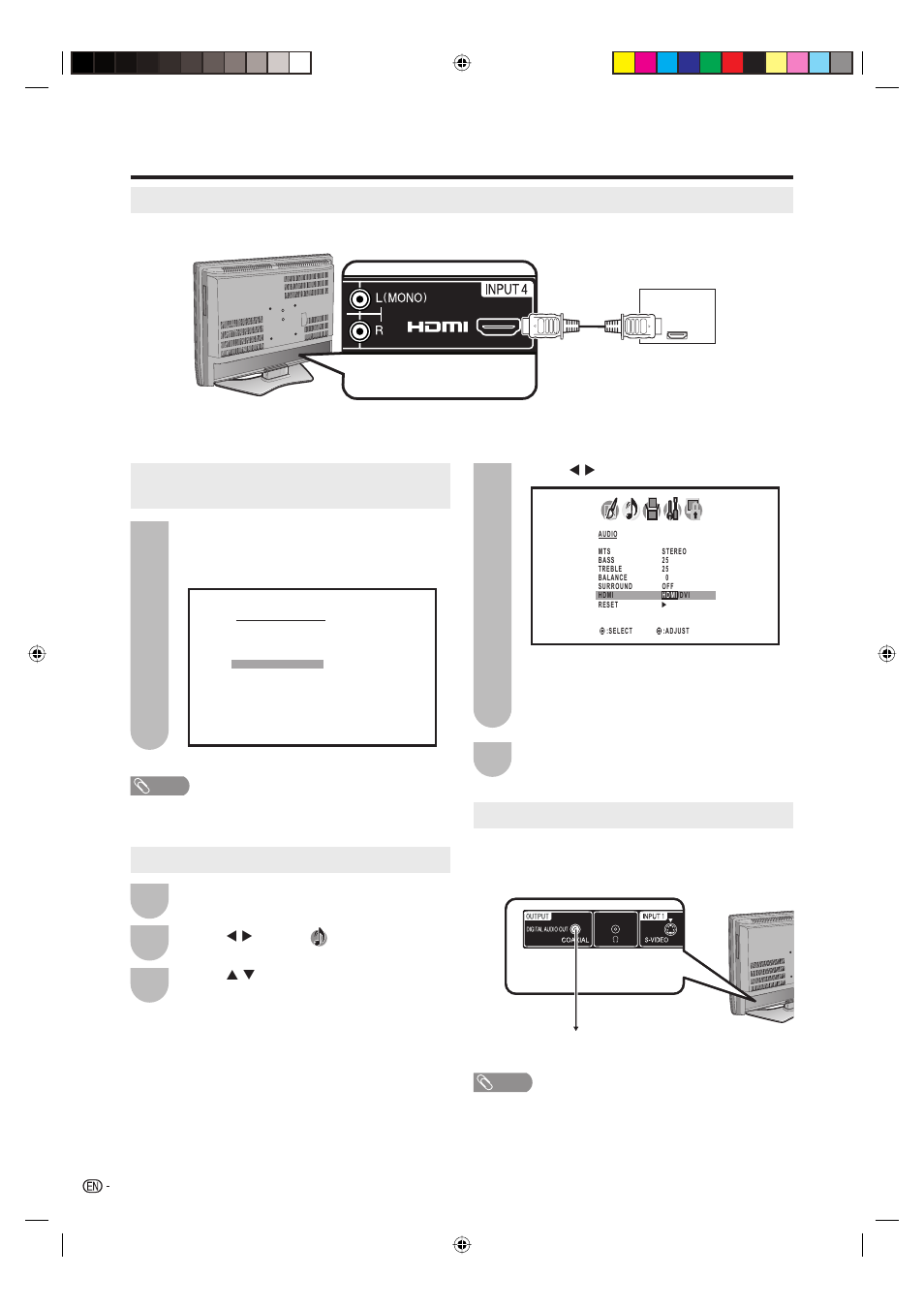 Connecting hdmi equipment, Displaying an image from hdmi equipment, Selecting hdmi audio input source | Using digital audio output | Sharp Aquos LC 20DV20U User Manual | Page 21 / 52