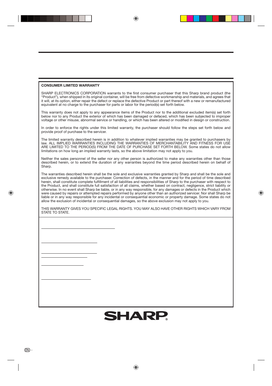 Calling for service, Limited warranty, Calling for service limited warranty | Sharp electronics corporation, Sharp corporation | Sharp Aquos LC 20DV20U User Manual | Page 49 / 52