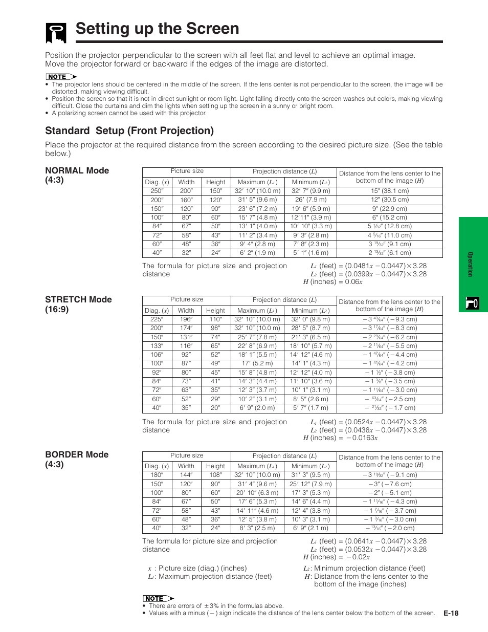 Setting up the screen, Standard setup (front projection), Normal mode (4:3) | Stretch mode (16:9), Border mode (4:3) | Sharp PG-C20X User Manual | Page 19 / 53