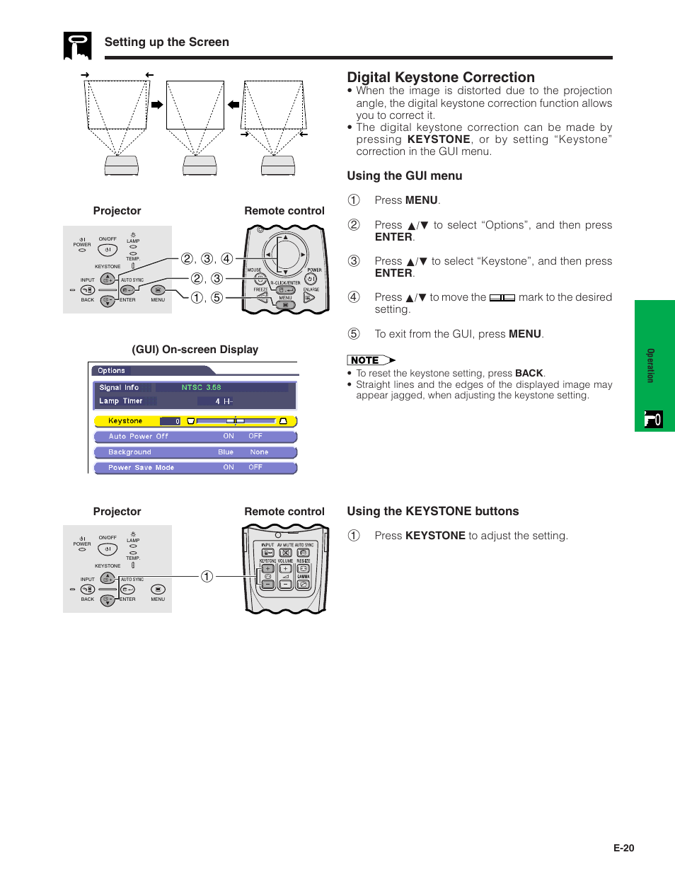 Digital keystone correction, Setting up the screen, Using the gui menu | Using the keystone buttons | Sharp PG-C20X User Manual | Page 21 / 53