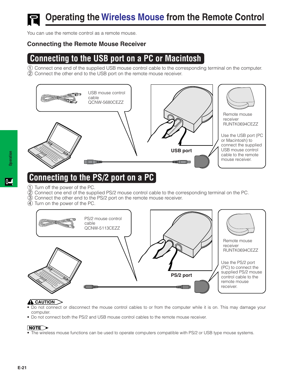 Connecting to the usb port on a pc or macintosh, Connecting to the ps/2 port on a pc | Sharp PG-C20X User Manual | Page 22 / 53