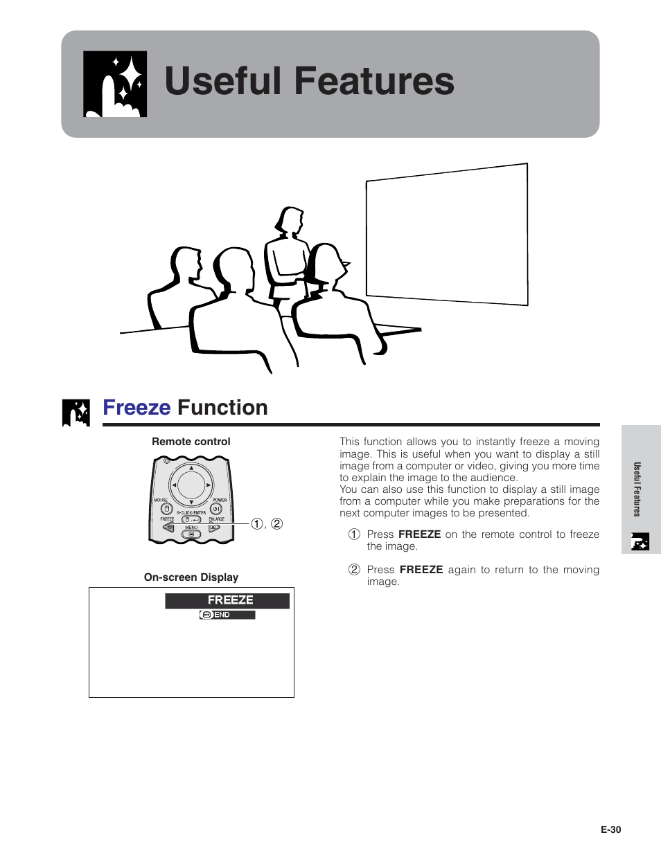 Useful features, Freeze function | Sharp PG-C20X User Manual | Page 31 / 53