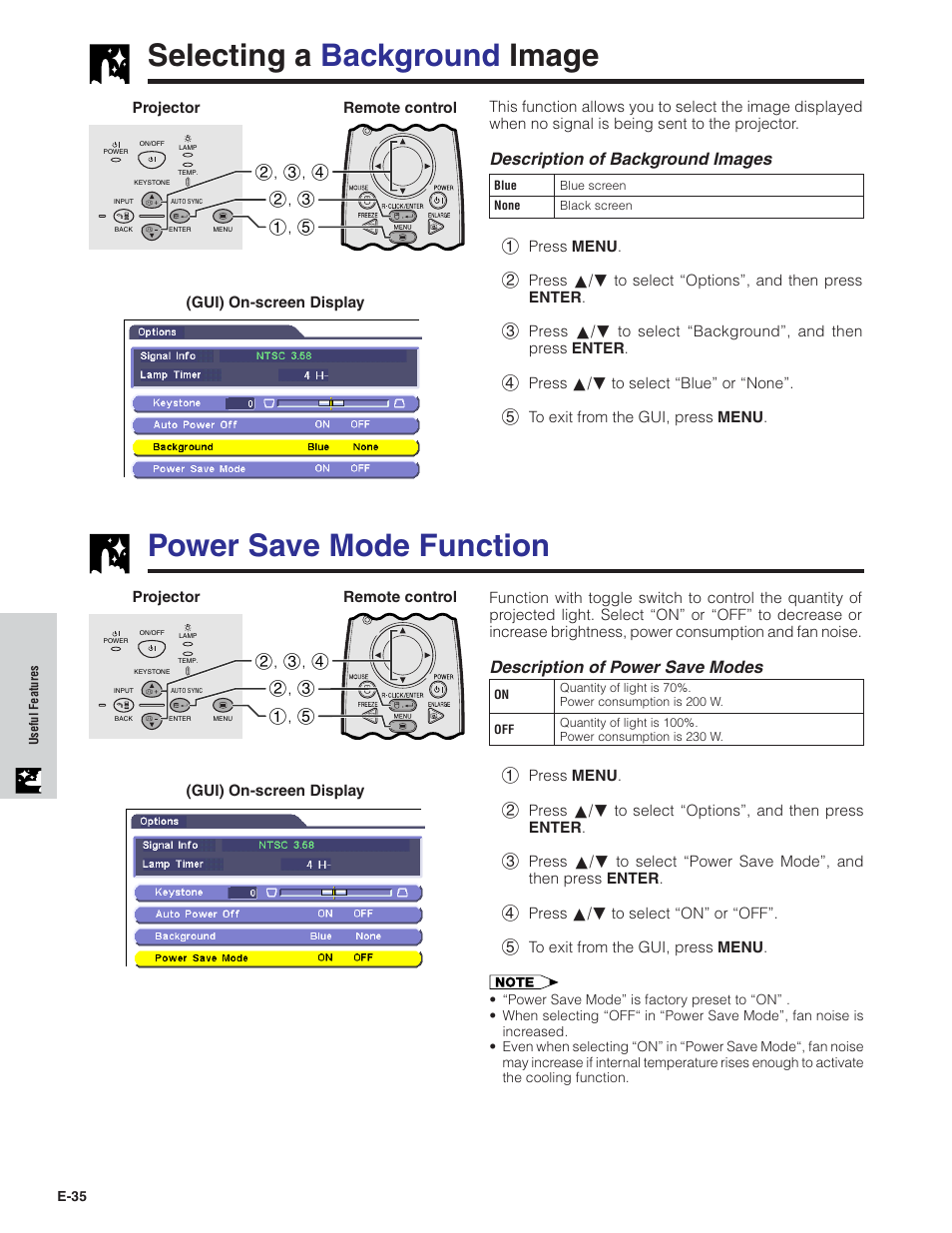 Selecting a background image, Power save mode function, Description of power save modes | Description of background images | Sharp PG-C20X User Manual | Page 36 / 53