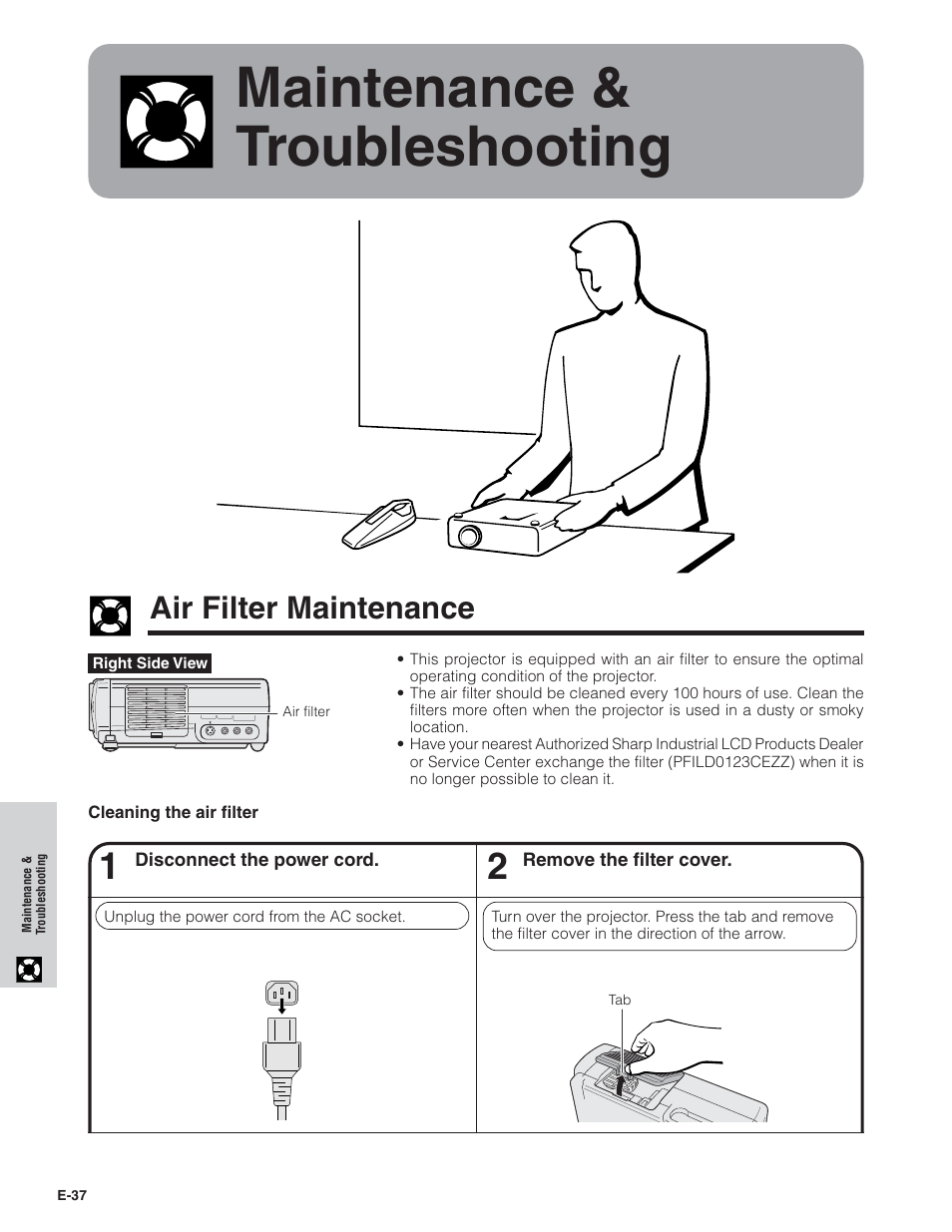Maintenance & troubleshooting, Air filter maintenance | Sharp PG-C20X User Manual | Page 38 / 53