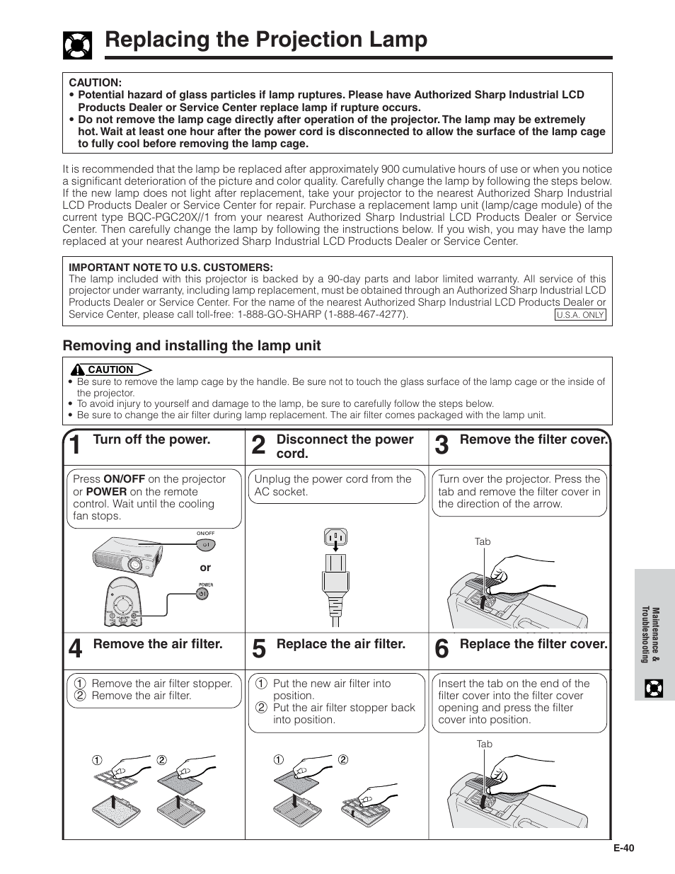 Replacing the projection lamp | Sharp PG-C20X User Manual | Page 41 / 53