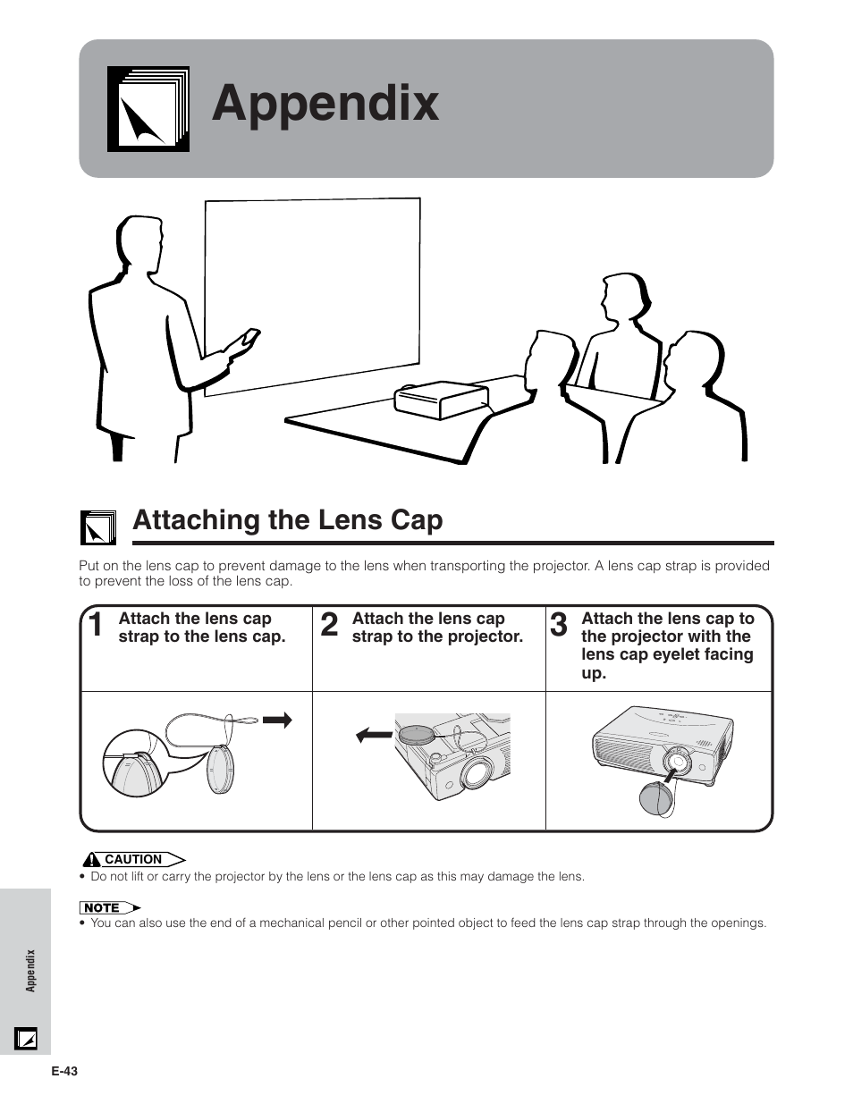 Appendix, Attaching the lens cap | Sharp PG-C20X User Manual | Page 44 / 53