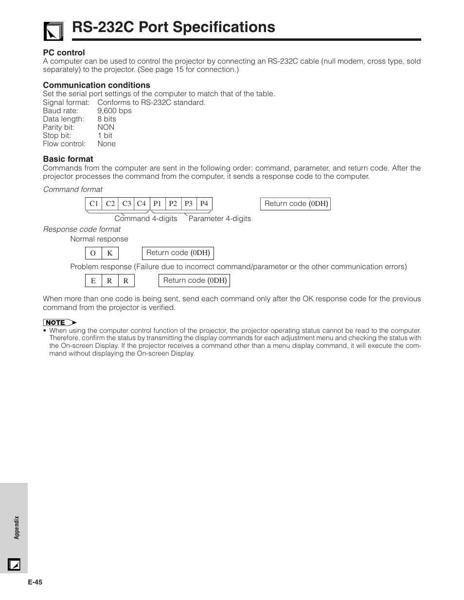 Rs-232c port specifications | Sharp PG-C20X User Manual | Page 46 / 53