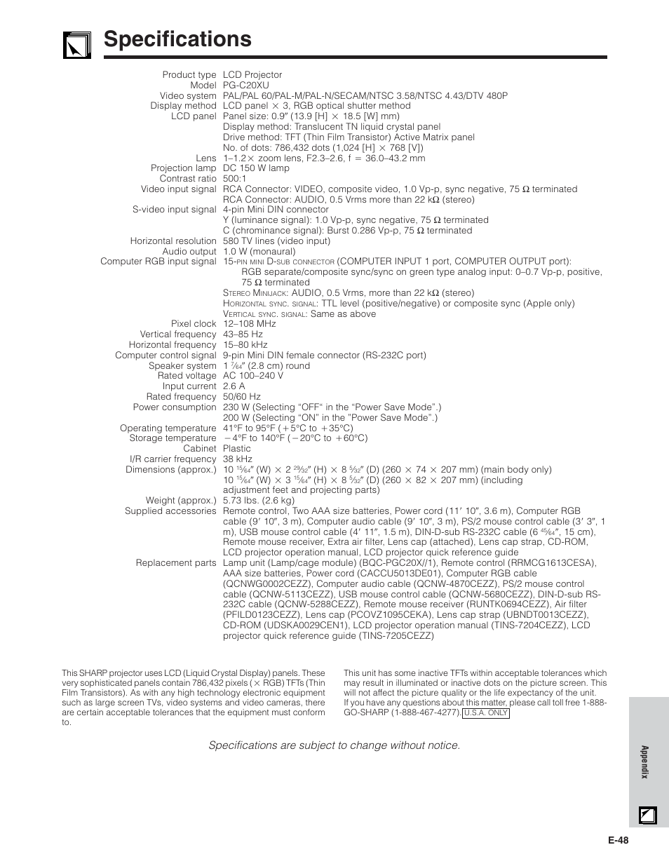 Specifications | Sharp PG-C20X User Manual | Page 49 / 53