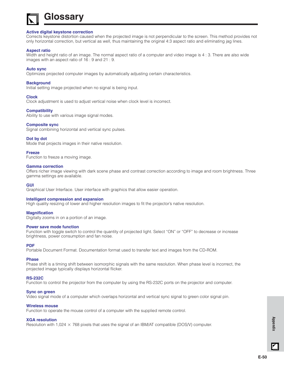 Glossary | Sharp PG-C20X User Manual | Page 51 / 53