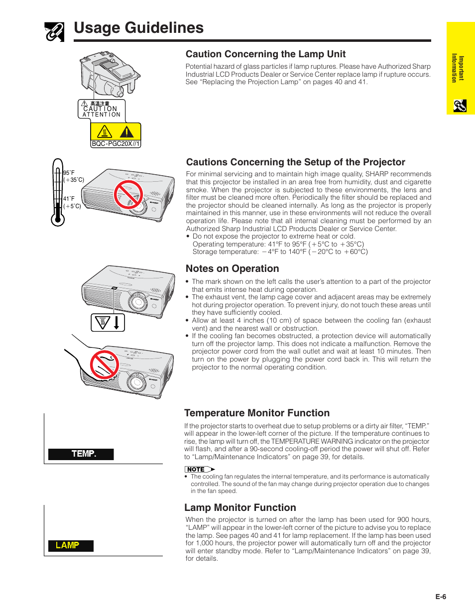 Usage guidelines, Temperature monitor function, Lamp monitor function | Caution concerning the lamp unit, Cautions concerning the setup of the projector | Sharp PG-C20X User Manual | Page 7 / 53
