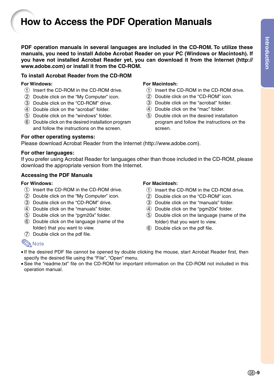 How to access the pdf operation manuals | Sharp PG-M20X User Manual | Page 13 / 86