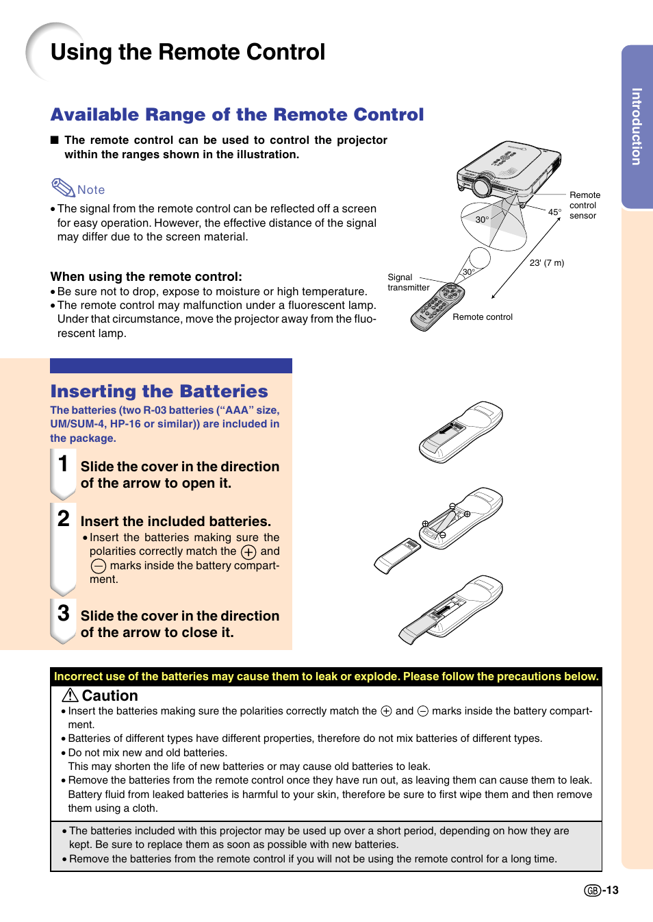 Using the remote control, Available range of the remote control, Inserting the batteries | Caution | Sharp PG-M20X User Manual | Page 17 / 86