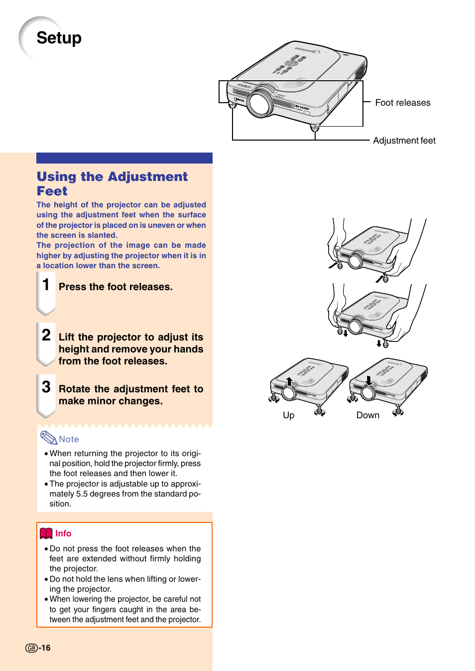 Setup, Using the adjustment feet | Sharp PG-M20X User Manual | Page 20 / 86