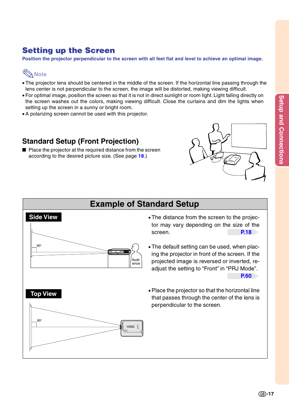Setting up the screen, Example of standard setup, Standard setup (front projection) | Sharp PG-M20X User Manual | Page 21 / 86