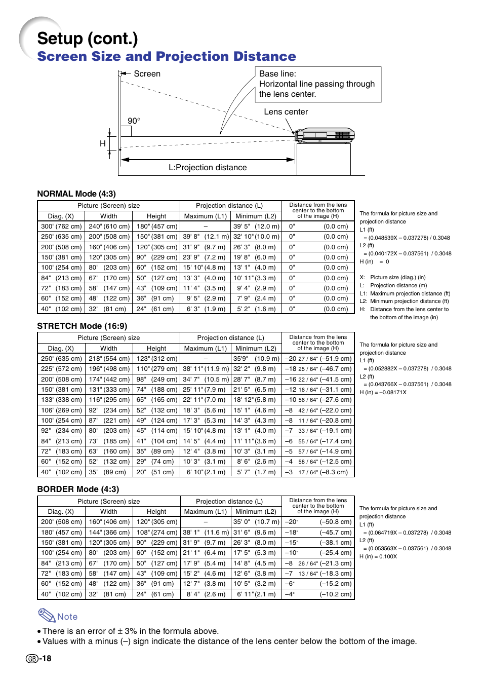 Screen size and projection distance, P.18, Setup (cont.) | Stretch mode (16:9), Border mode (4:3) | Sharp PG-M20X User Manual | Page 22 / 86