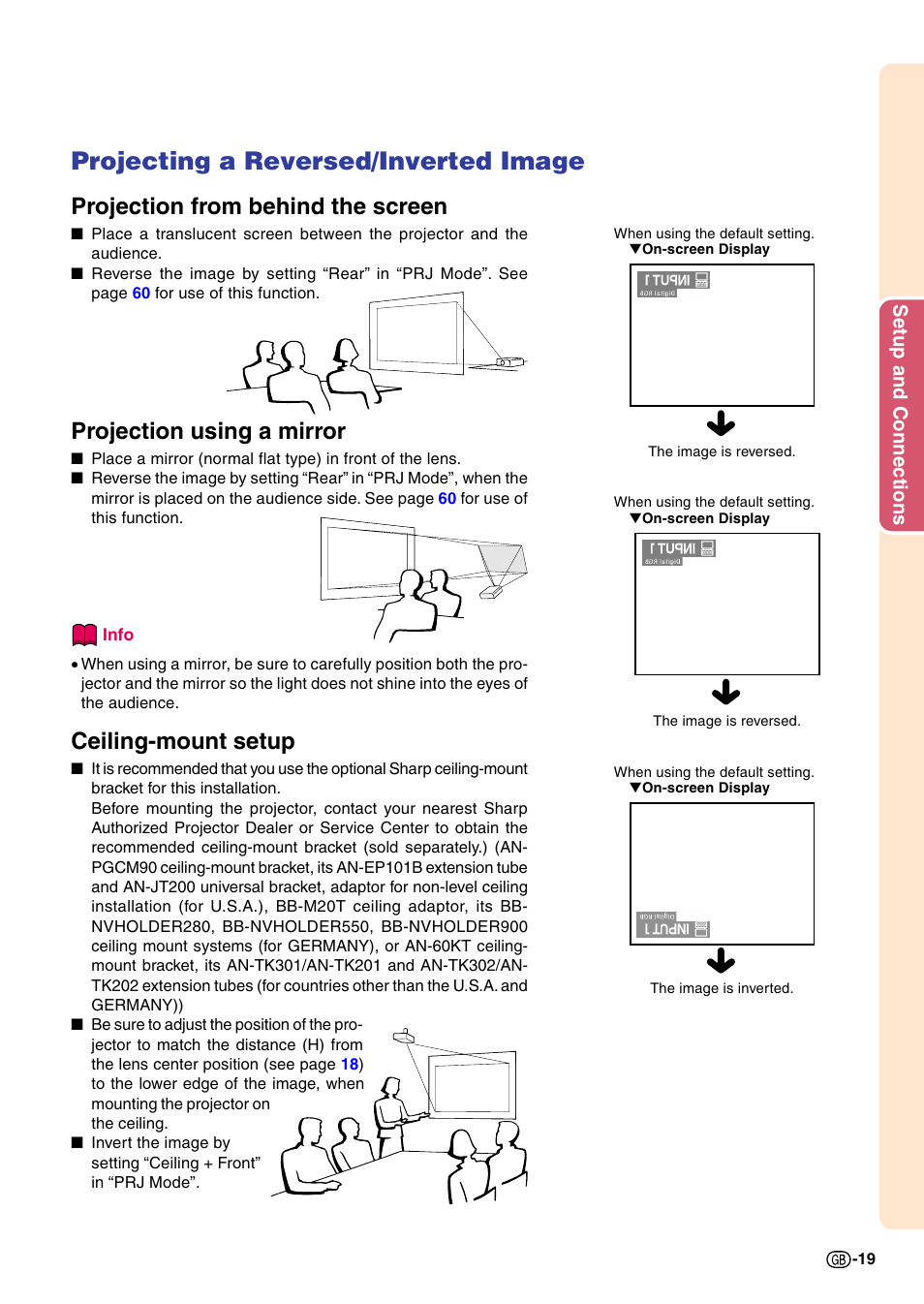 Projecting a reversed/inverted image, Projection from behind the screen, Projection using a mirror | Ceiling-mount setup, Setup and connections | Sharp PG-M20X User Manual | Page 23 / 86