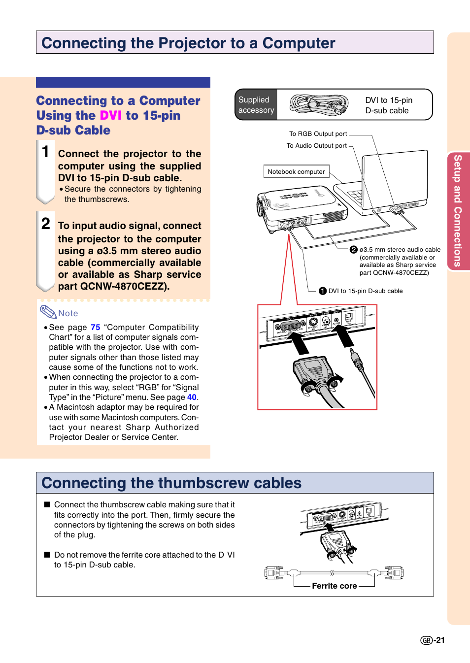 Connecting the projector to a computer, Connecting the thumbscrew cables | Sharp PG-M20X User Manual | Page 25 / 86