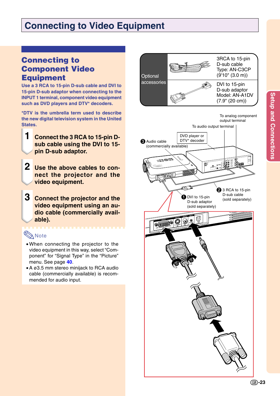 Connecting to video equipment, Connecting to component video equipment | Sharp PG-M20X User Manual | Page 27 / 86