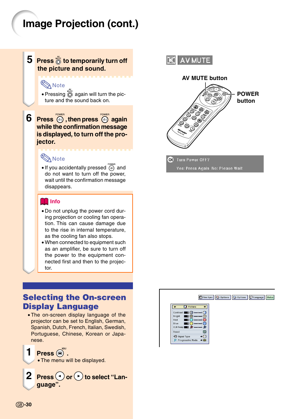 Selecting the on-screen display language, Image projection (cont.) | Sharp PG-M20X User Manual | Page 34 / 86