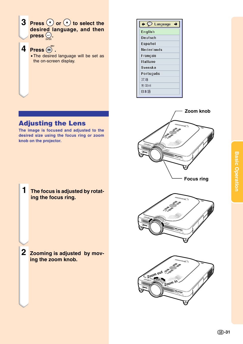 Adjusting the lens | Sharp PG-M20X User Manual | Page 35 / 86