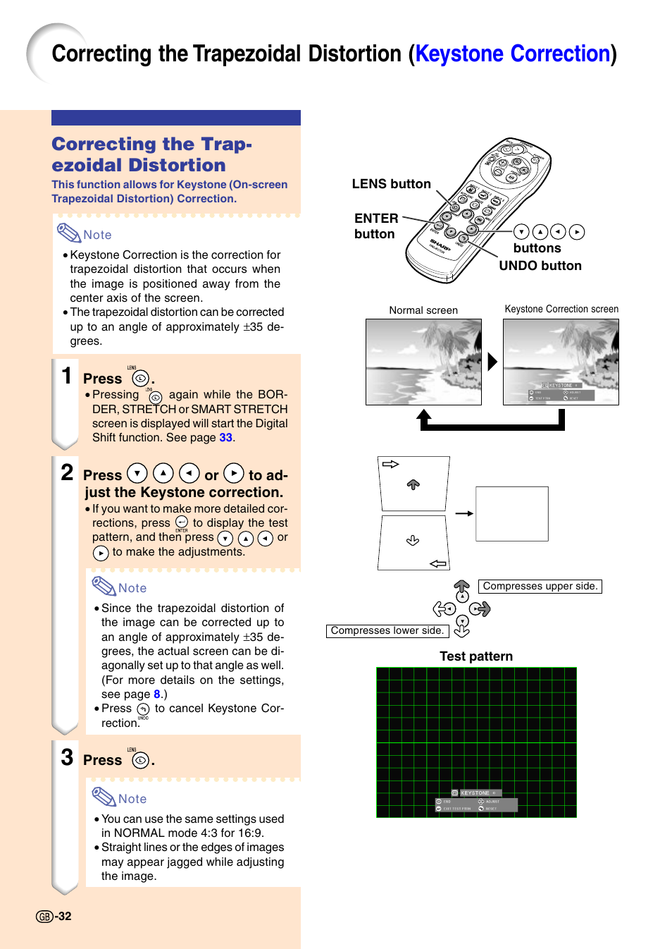 Correcting the trapezoidal distortion, Keystone correction), Correcting the trap- ezoidal distortion | Sharp PG-M20X User Manual | Page 36 / 86