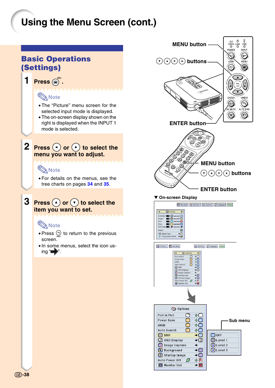 Basic operations (settings), Using the menu screen (cont.) | Sharp PG-M20X User Manual | Page 42 / 86