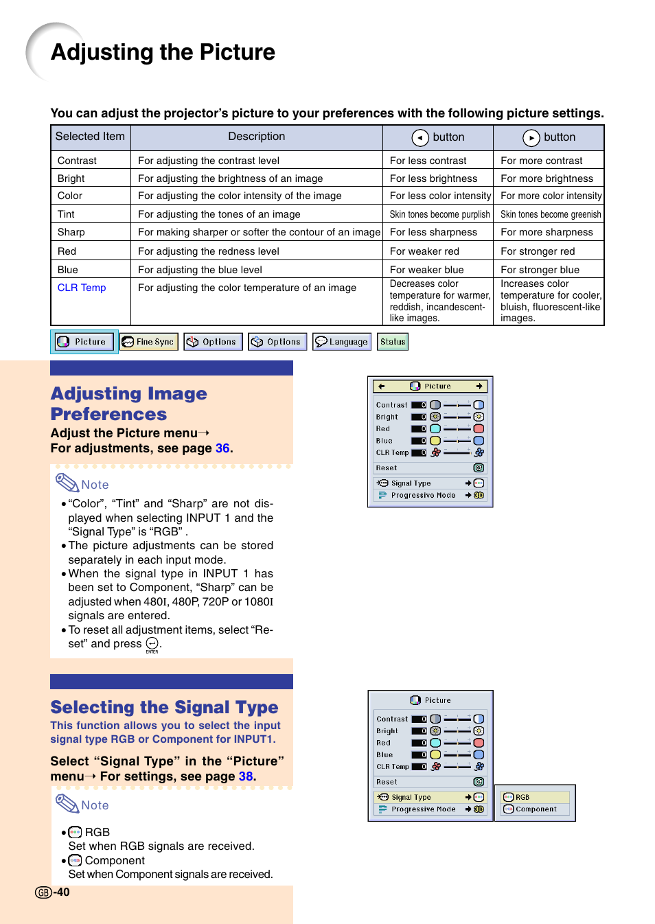 Adjusting the picture, Adjusting image preferences, Selecting the signal type | Sharp PG-M20X User Manual | Page 44 / 86